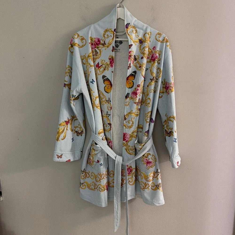 Wrap Up by VP Blue Baroque Women OSFM Butterfly Floral Micro-Terry Short Robe
